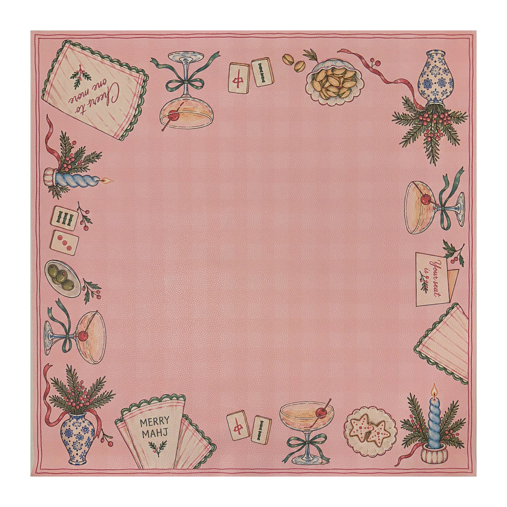 Pink Christmas Mahjong mat with a checked center, cocktail glasses, Merry Mahj napkins, blue candles and Mahjong tiles