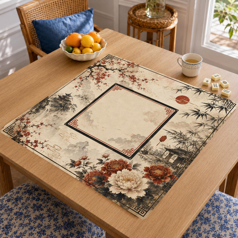 Crimson blossoms, bamboo and ink-style mountain scenery surround a cream square center outlined in dark trim on this Mahjong mat.