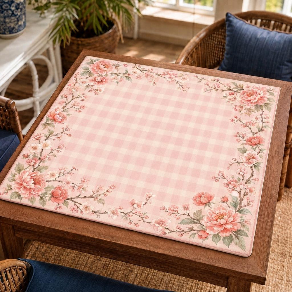 Peonies and cherry blossom branches frame a soft pink gingham playing area on this floral Mahjong mat.