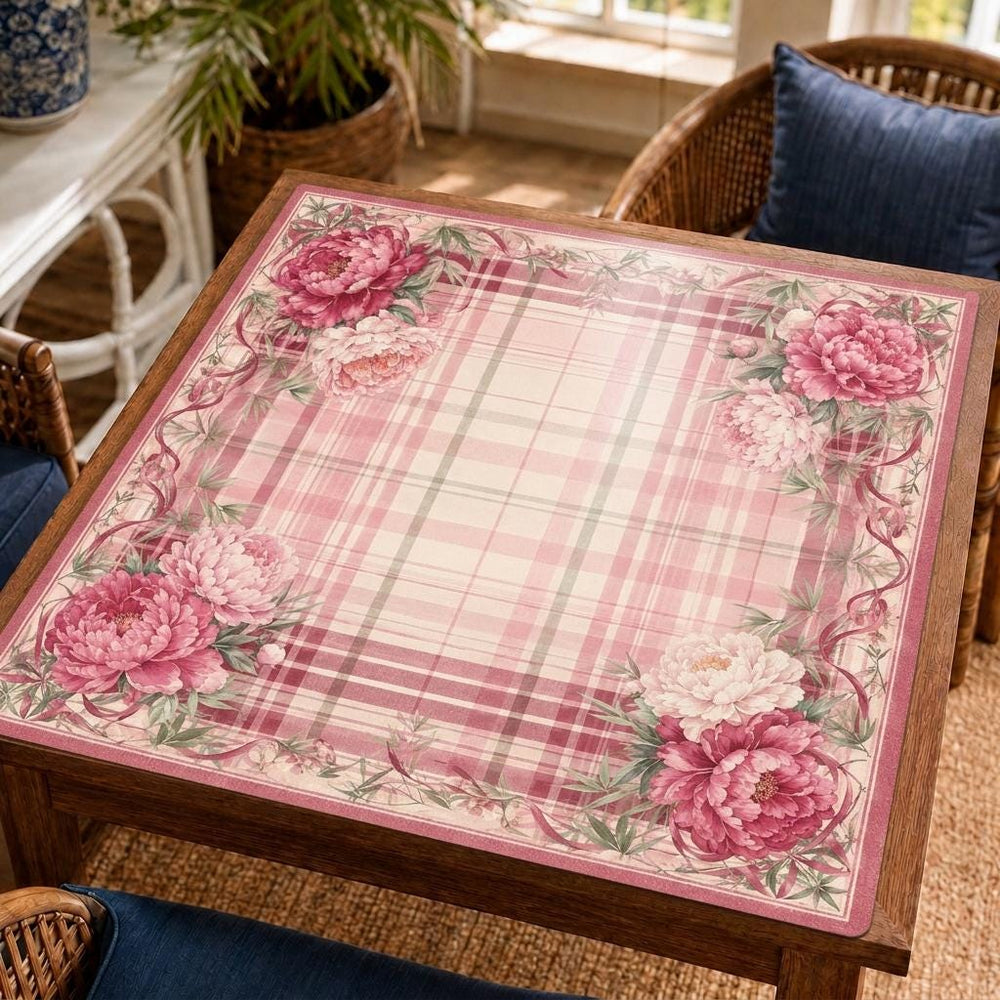 Large pink peonies frame a soft tartan playing area on this romantic floral Mahjong mat.