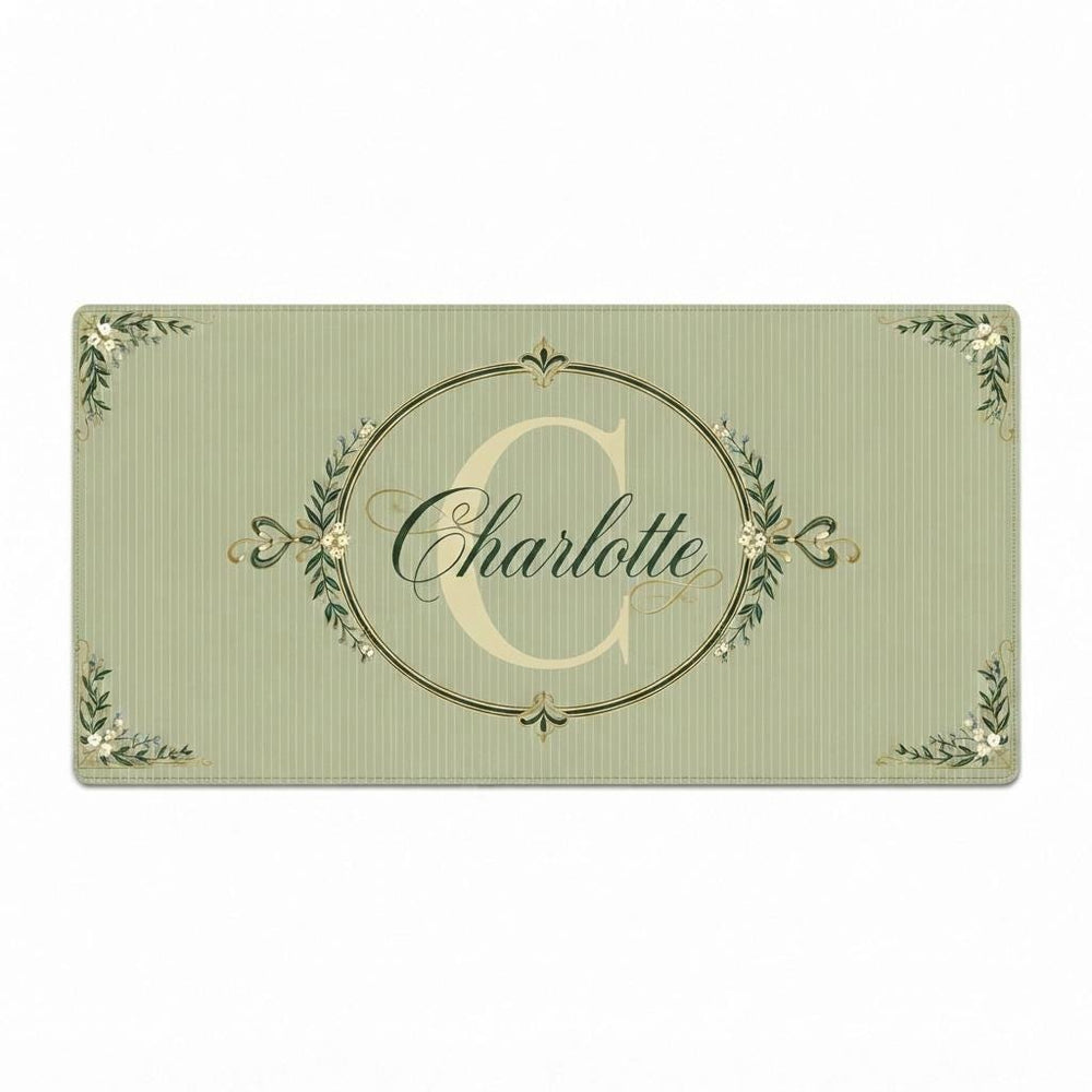 Personalized Green Desk Mat, Monogram Mouse Pad, Vintage Floral Keyboard Mat, Elegant Office Decor