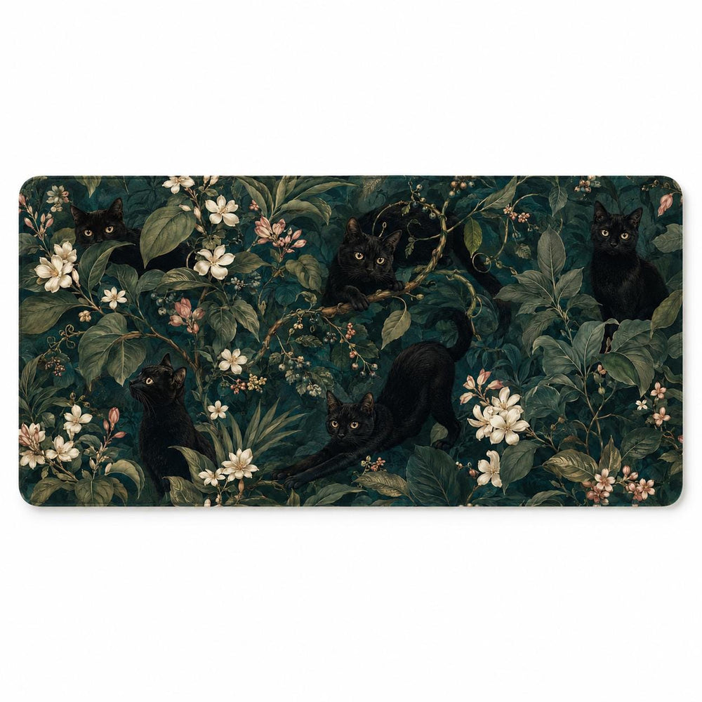 Black Cat Botanical Desk Mat, Dark Floral Mouse Pad, Vintage Garden Office Decor
