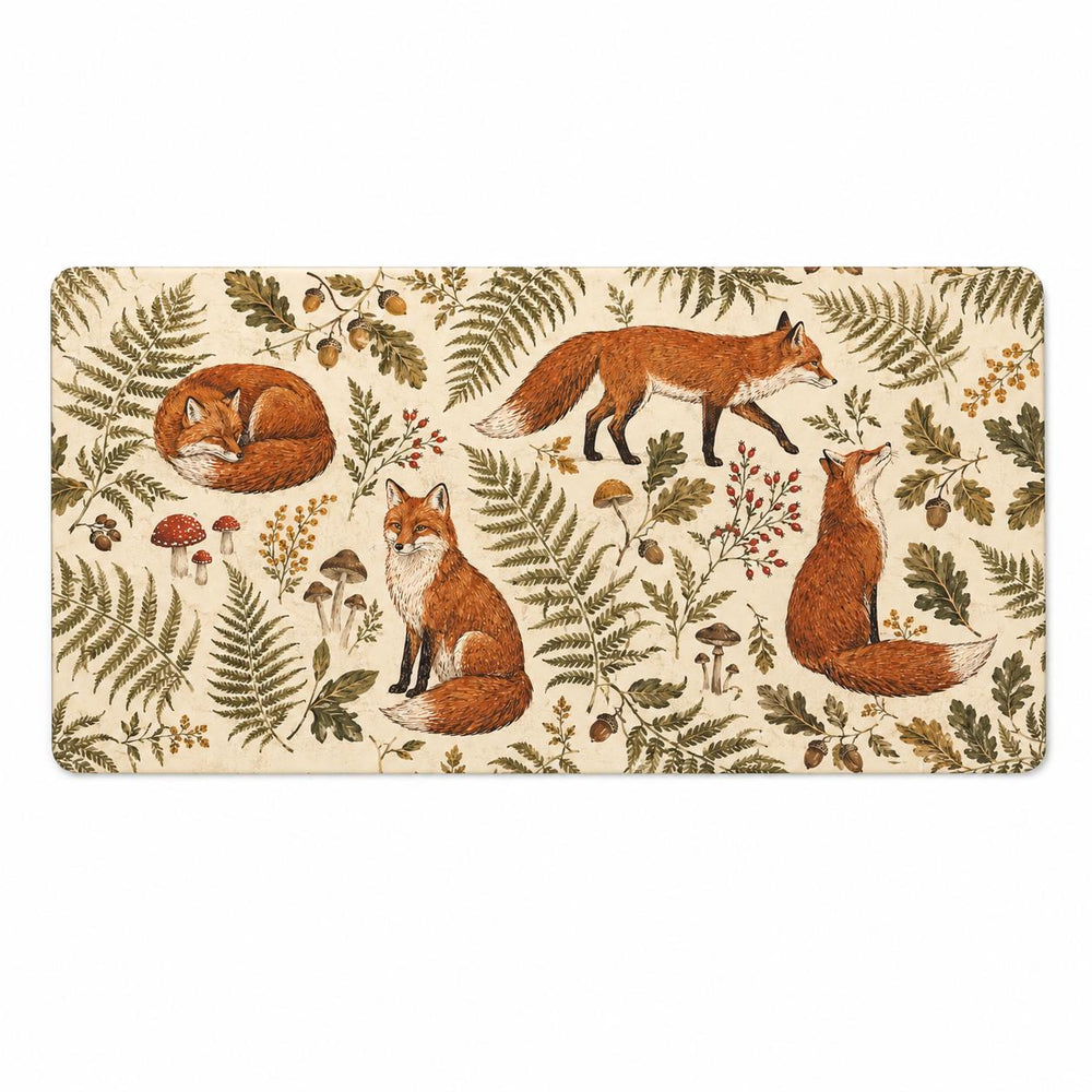 Vintage Fox Woodland Desk Mat, Cottagecore Forest Mouse Pad, Botanical Office Decor