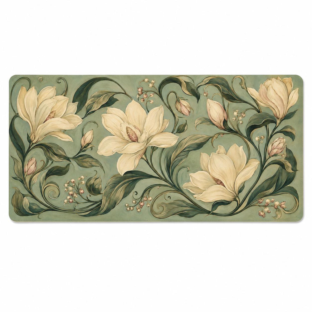Vintage Magnolia Floral Desk Mat, Sage Green Botanical Desk Mat, Cottagecore Office Decor