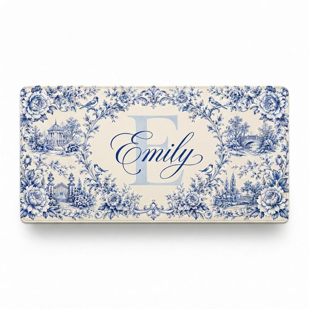 Blue Floral Desk Mat, Personalized Botanical Mouse Pad, Chinoiserie Keyboard Mat, Vintage Garden Office Decor