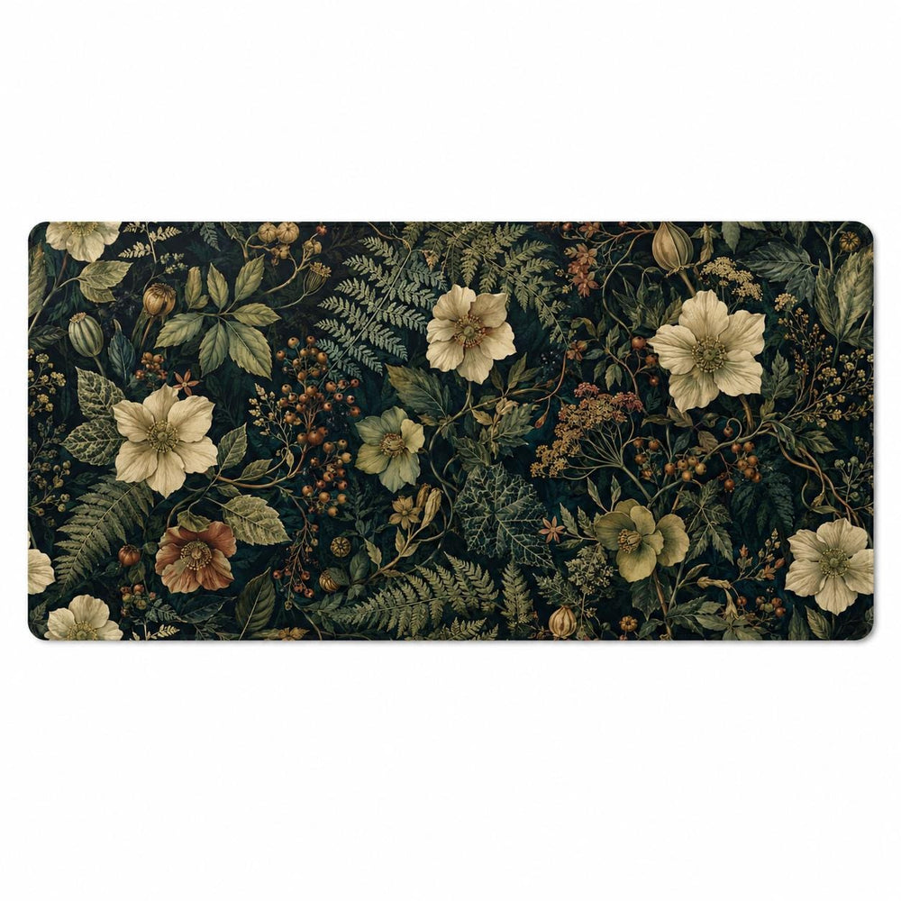 Dark Botanical Floral Desk Mat, Vintage Wildflower Vegan Leather Desk Mat, Moody Office Decor