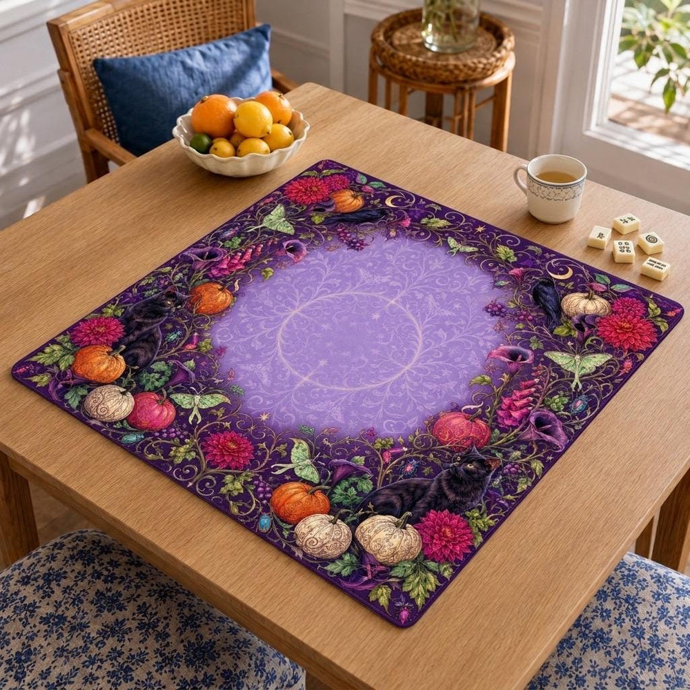 Pumpkins, skulls and dark flowers form a Gothic border around the purple center of this Halloween Mahjong mat.