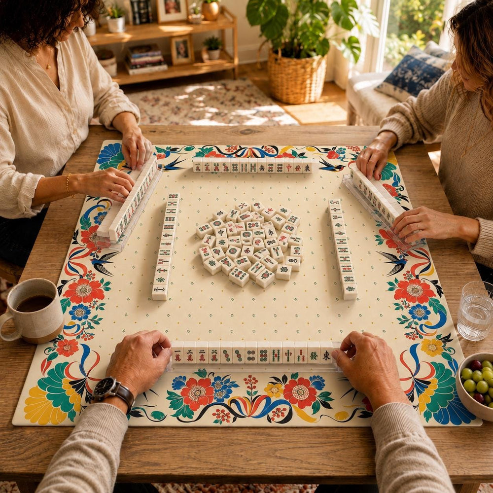 Bright folk-style birds, flowers and curling leaves create a colorful border around the cream center of this Scandinavian Mahjong mat.