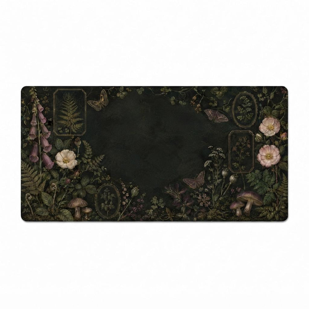 Dark Botanical Desk Mat, Vintage Forest Vegan Leather Desk Mat, Mushroom Floral Office Decor