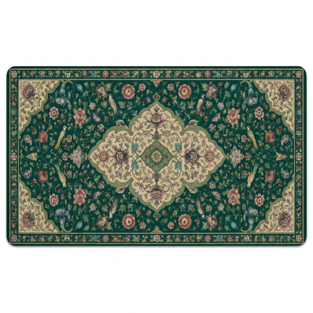 Emerald Persian Floral Desk Mat, Vintage Bird Vegan Leather Desk Mat, Ornate Office Decor