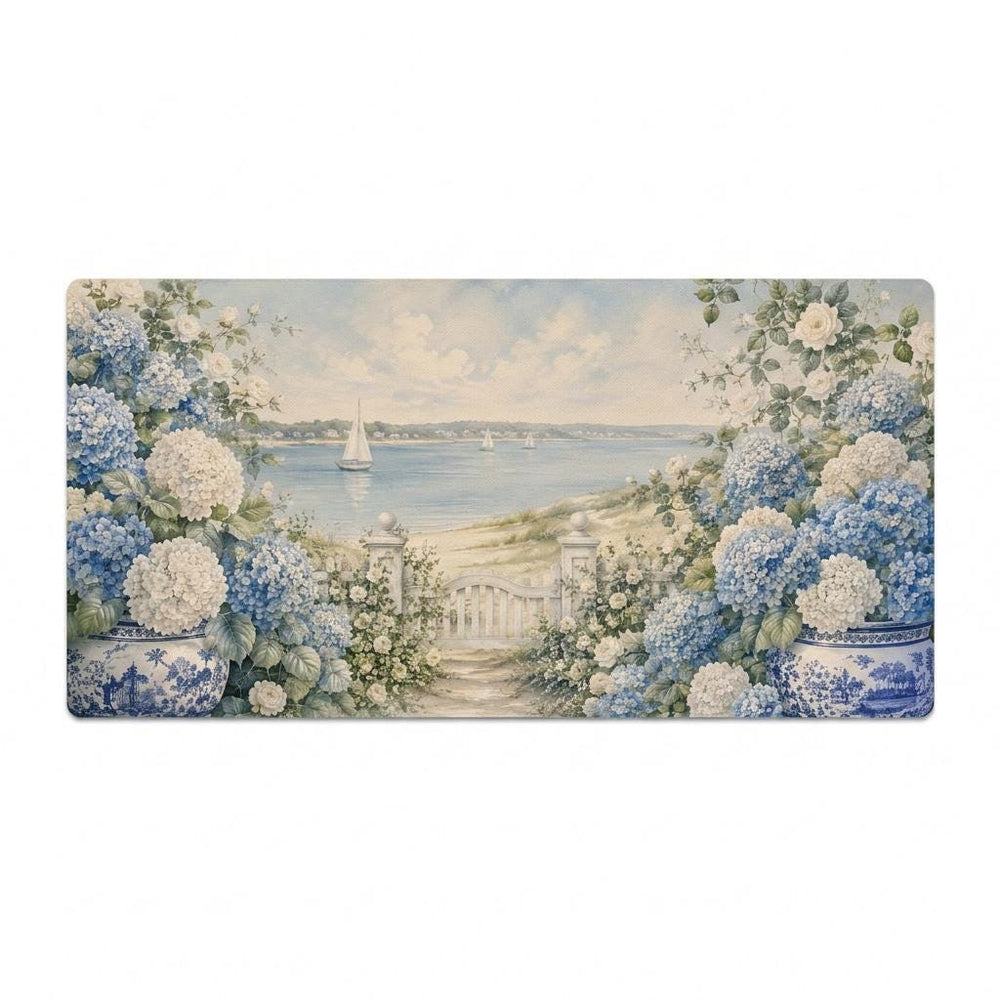 Blue Hydrangea Coastal Desk Mat, Grandmillennial Vegan Leather Desk Mat, Seaside Office Decor