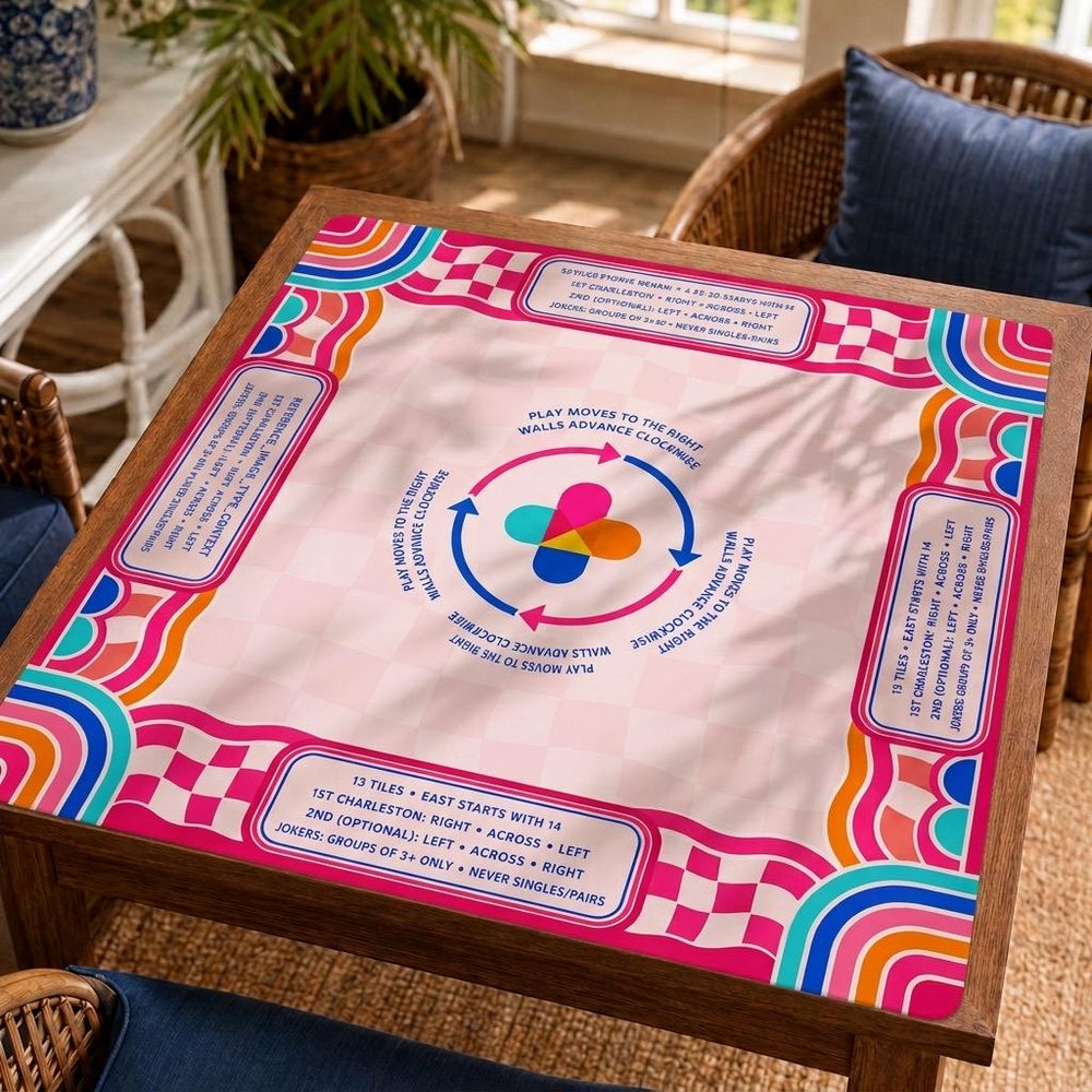 Rainbow arches and pink checkerboard borders frame printed American Mahjong rules and a central Charleston guide on this retro Mahjong mat.