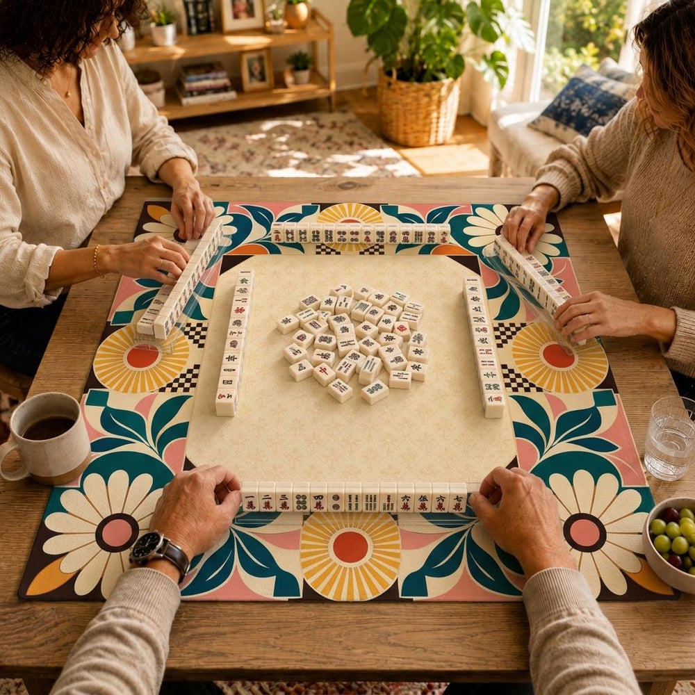 Large cream flowers, teal leaves and warm yellow fan shapes border the light center of this mid-century floral Mahjong mat.