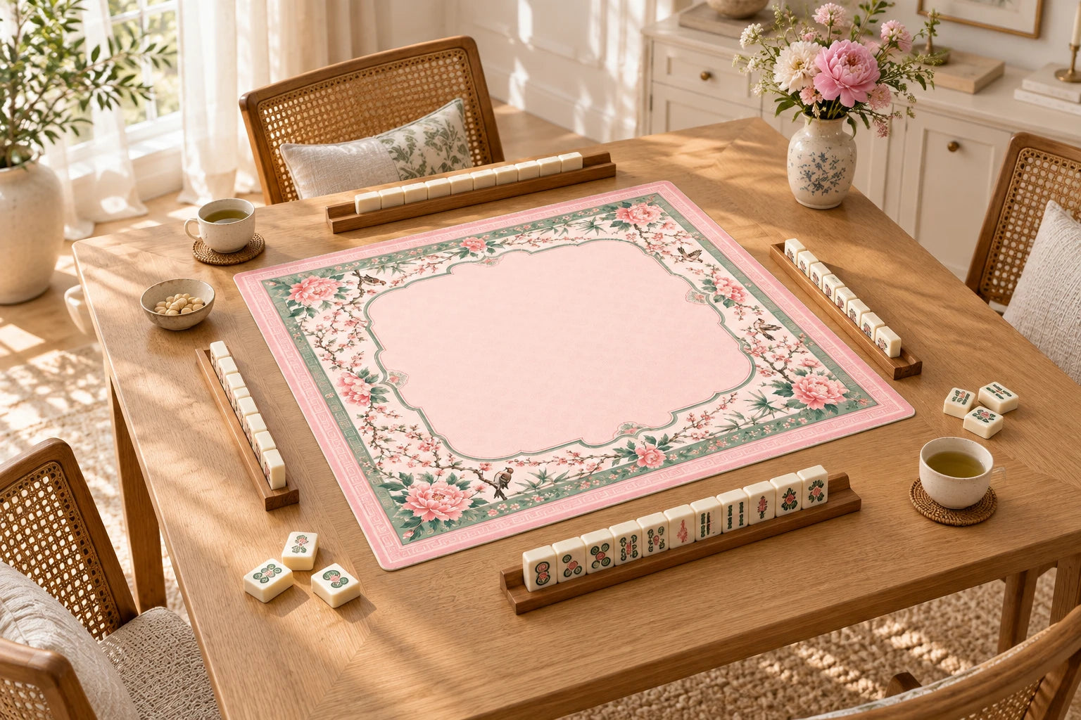 Pink floral Mahjong mat on a bright oak table