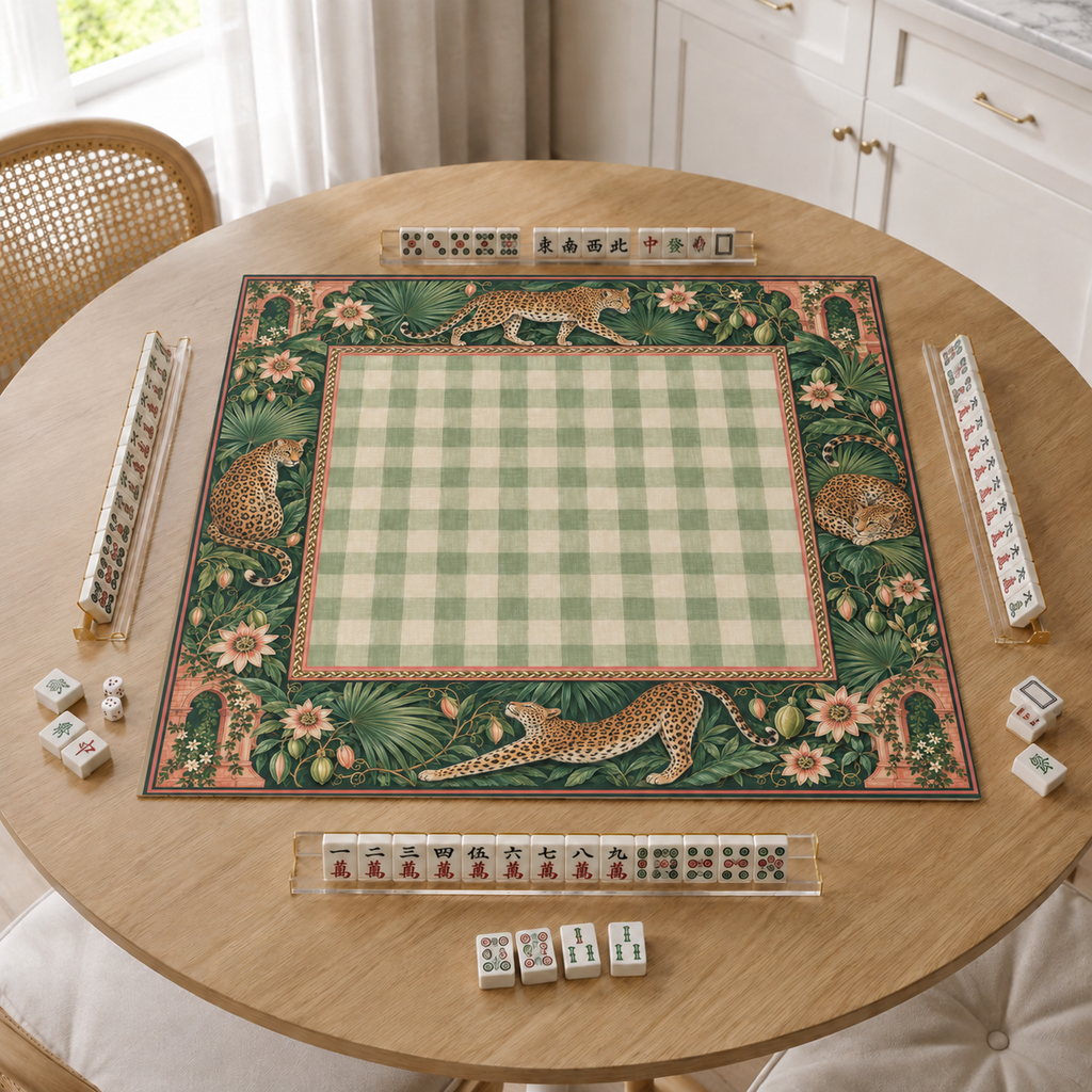 Leopard and sage gingham vegan leather Mahjong mat on a bright kitchen table