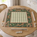 Leopard and sage gingham vegan leather Mahjong mat on a bright kitchen table
