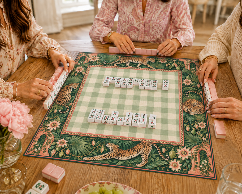 Leopard and sage gingham vegan leather Mahjong mat with Mahjong tiles during play