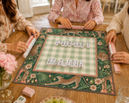 Leopard and sage gingham vegan leather Mahjong mat with Mahjong tiles during play