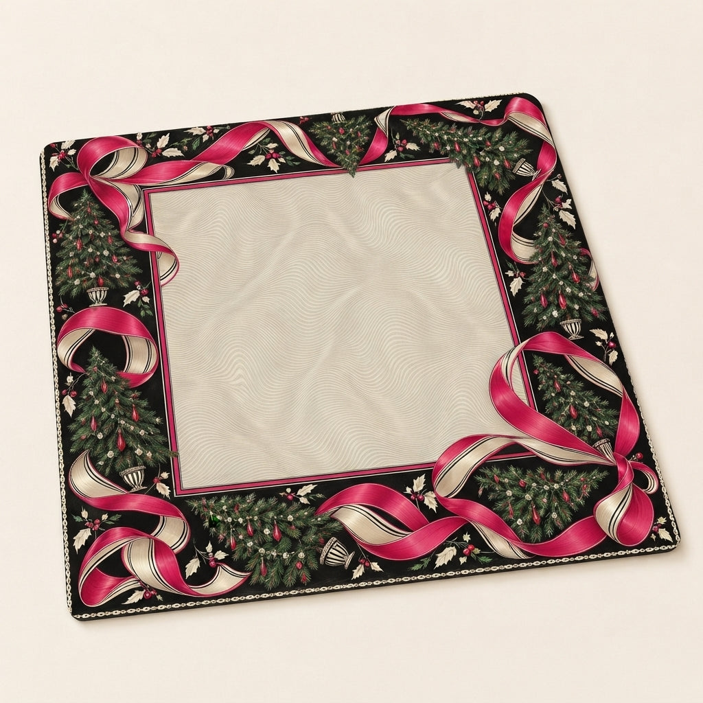 Christmas Mahjong mat with cream patterned center, flowing pink ribbons, evergreen branches and small ornaments on a light studio background