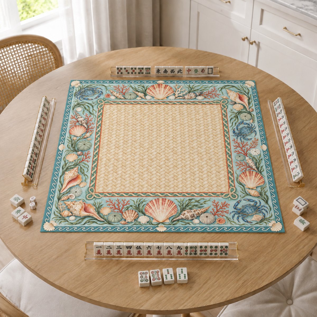 Coastal vegan leather Mahjong mat with seashells, blue crabs and coral on a bright kitchen table