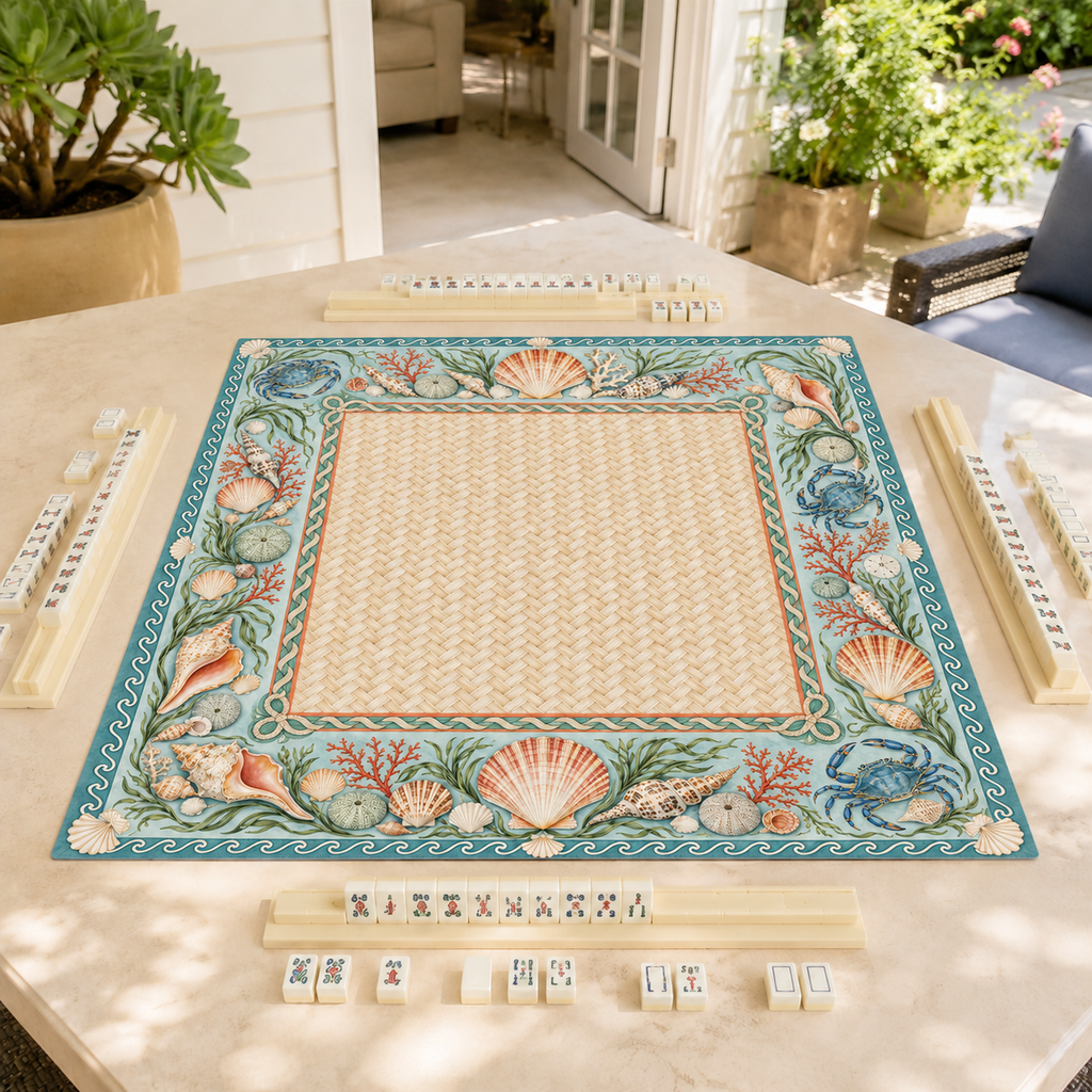 Coastal vegan leather Mahjong mat with seashells, blue crabs and coral on a sunlit patio table