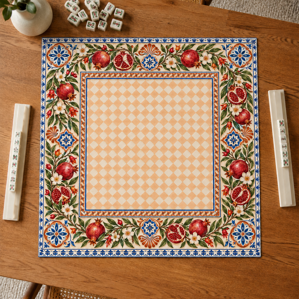 Vegan leather Mahjong mat with pomegranates and a peach checkerboard center overhead on an oak table