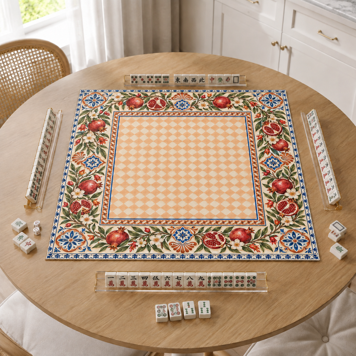 Vegan leather Mahjong mat with pomegranates and a peach checkerboard center on a bright kitchen table
