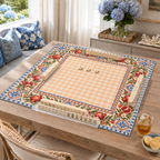Vegan leather Mahjong mat with pomegranates and a peach checkerboard center on a living room table