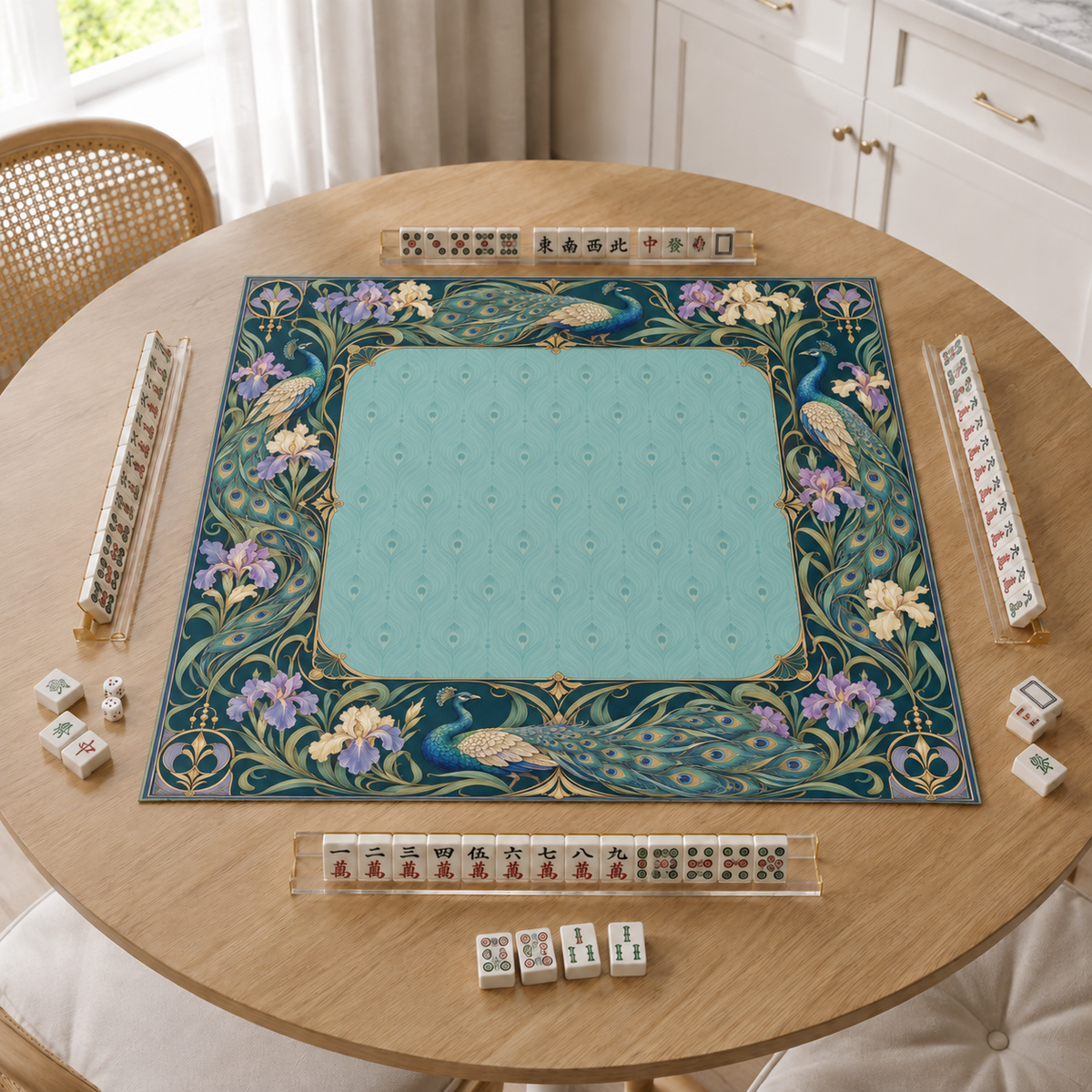 Teal vegan leather Mahjong mat with peacocks, purple irises and Art Nouveau florals on a bright kitchen table