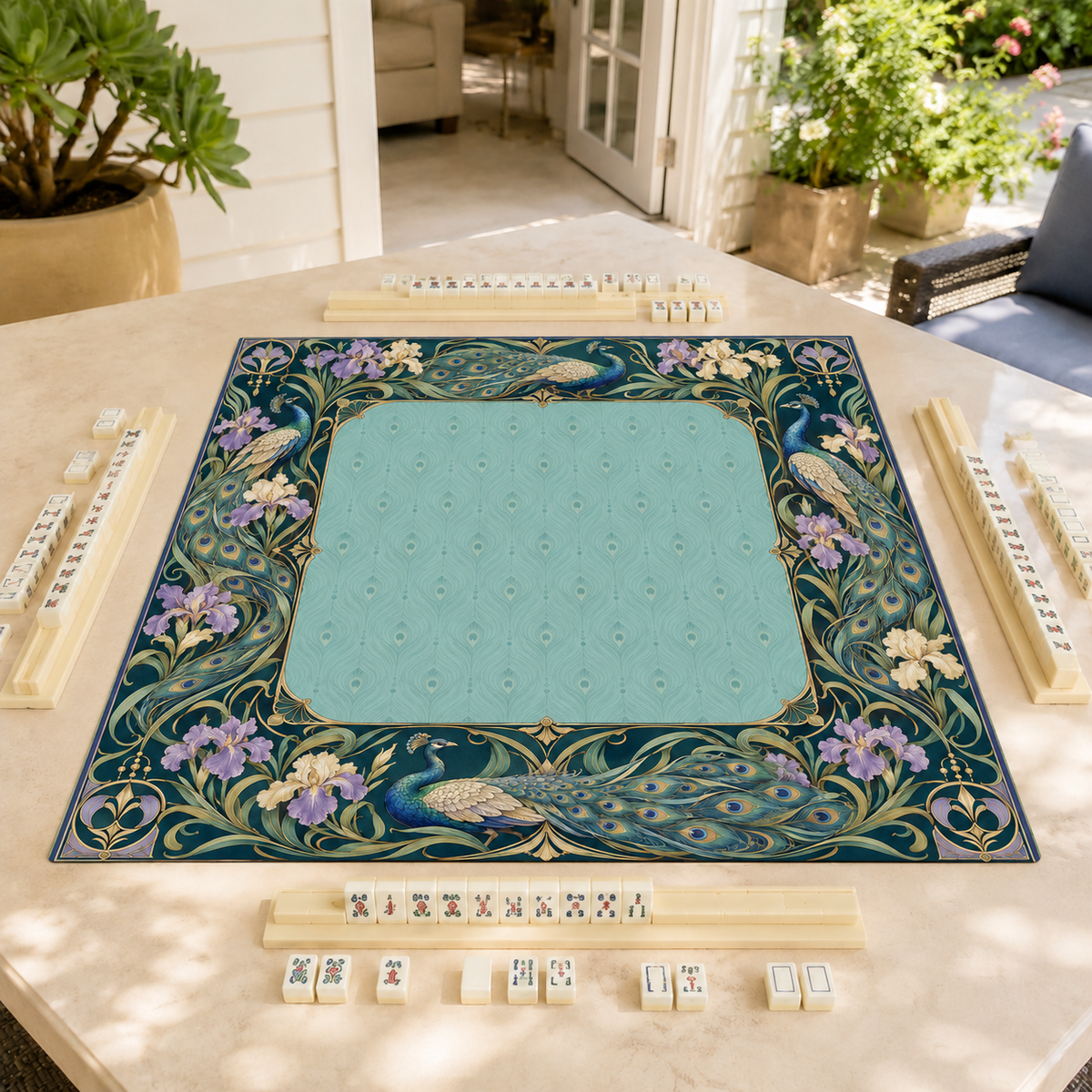 Teal vegan leather Mahjong mat with peacocks, purple irises and Art Nouveau florals on a sunlit patio table