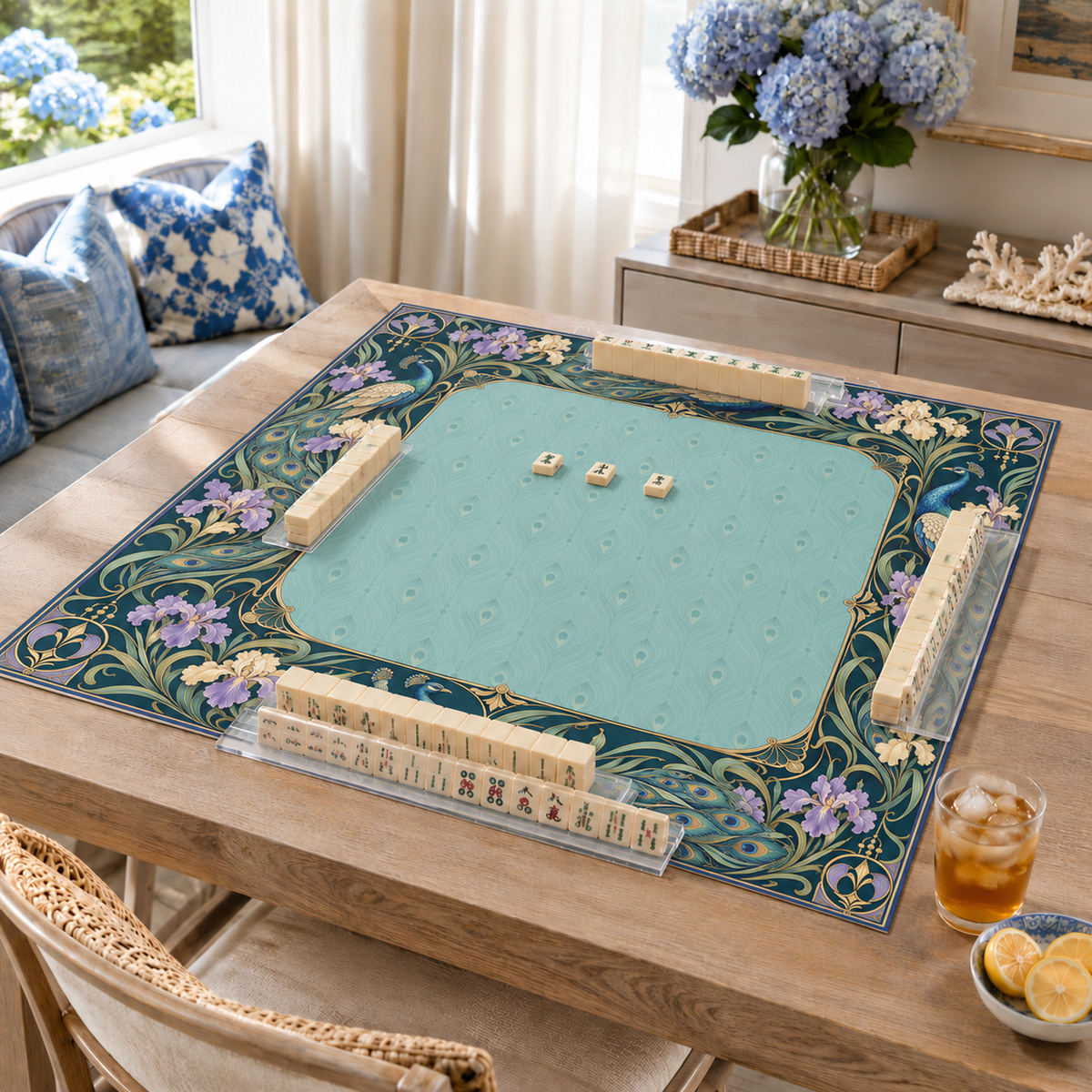 Teal vegan leather Mahjong mat with peacocks, purple irises and Art Nouveau florals on a living room table