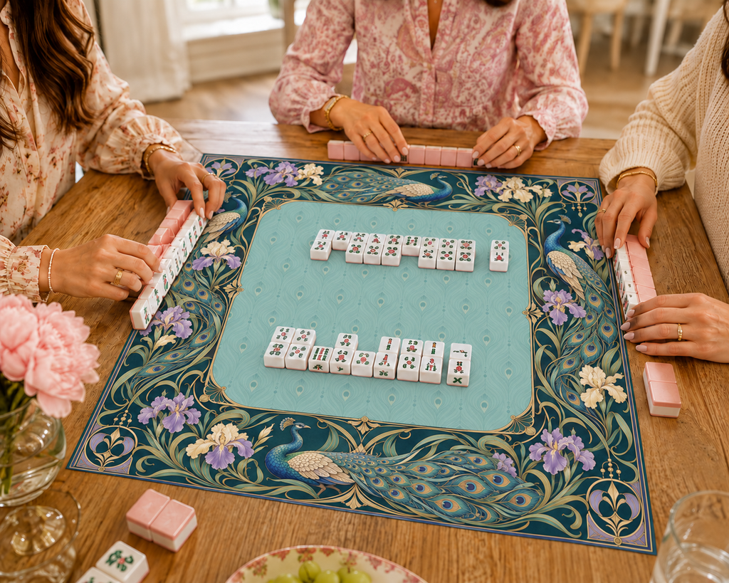 Teal vegan leather Mahjong mat with peacocks, purple irises and Art Nouveau florals with Mahjong tiles during play
