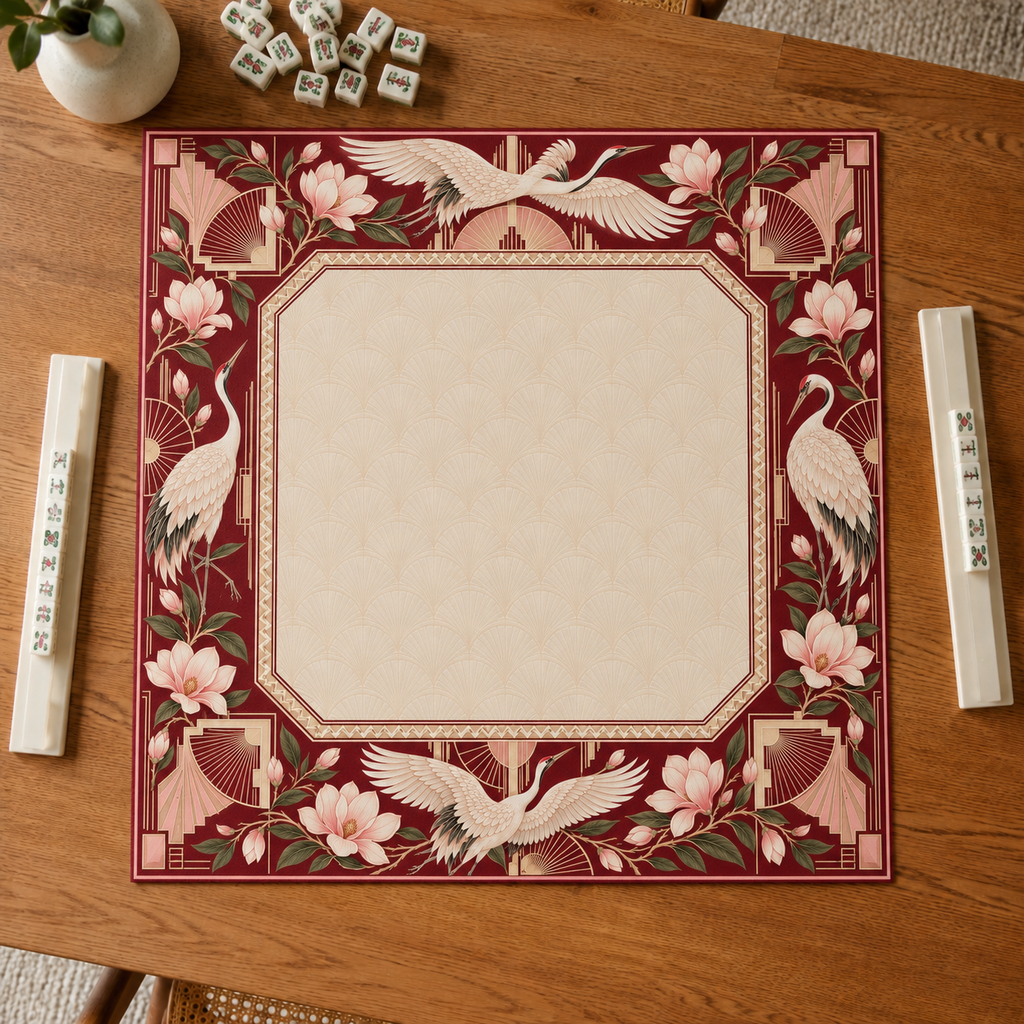 Burgundy Art Deco vegan leather Mahjong mat with white cranes and magnolias overhead on an oak table