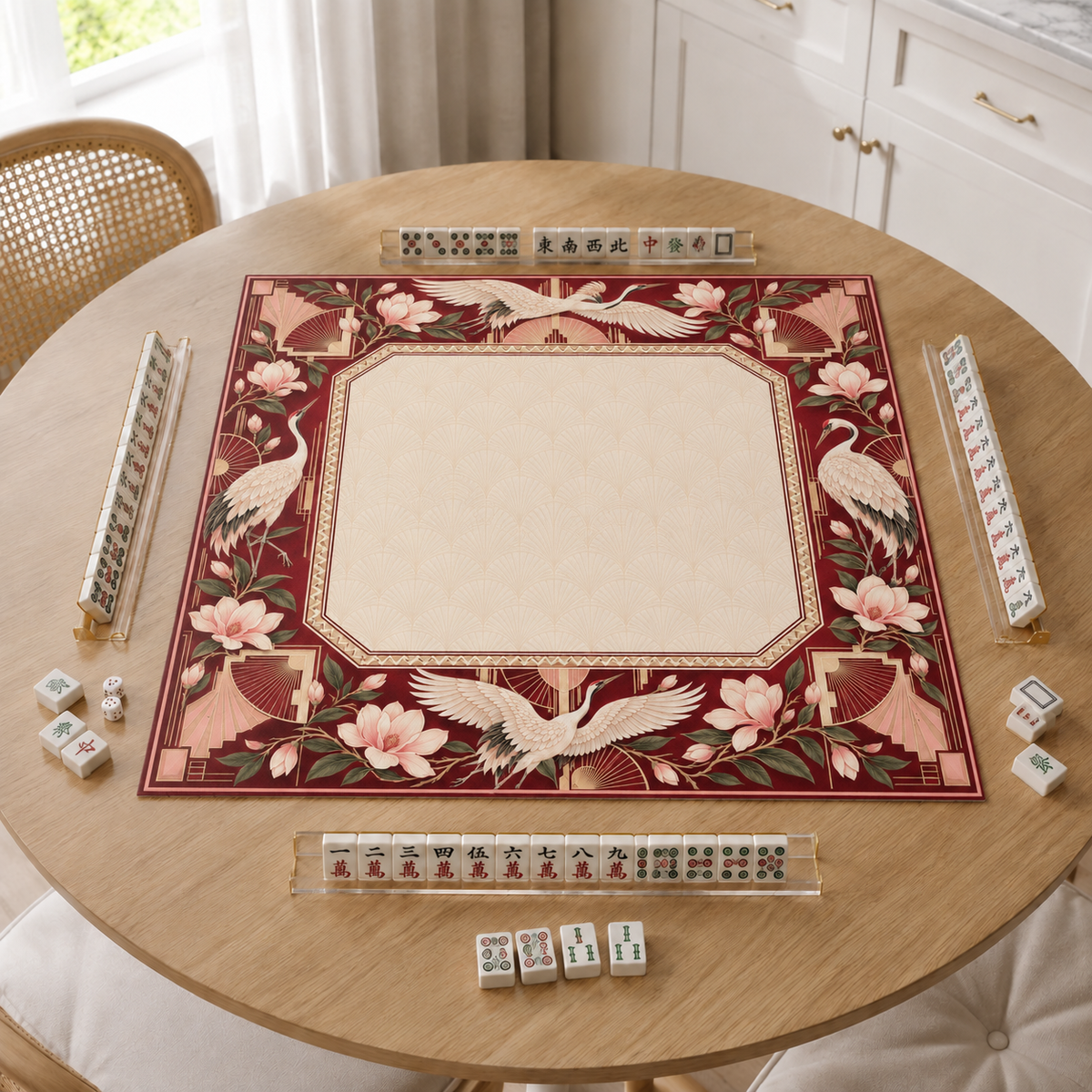 Burgundy Art Deco vegan leather Mahjong mat with white cranes and magnolias on a bright kitchen table