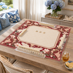 Burgundy Art Deco vegan leather Mahjong mat with white cranes and magnolias on a living room table