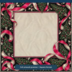 Full artwork preview of the Christmas Mahjong mat with cream patterned center, flowing pink ribbons, evergreen branches and small ornaments