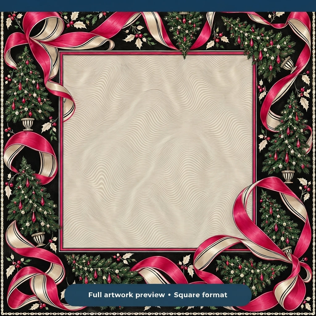 Full artwork preview of the Christmas Mahjong mat with cream patterned center, flowing pink ribbons, evergreen branches and small ornaments