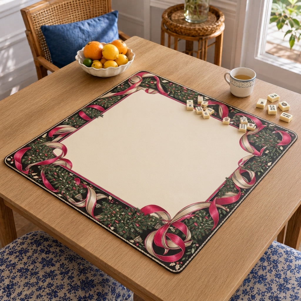 Angled table view of the Christmas Mahjong mat with cream patterned center, flowing pink ribbons, evergreen branches and small ornaments