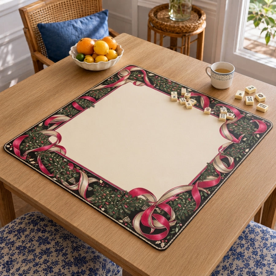 Angled table view of the Christmas Mahjong mat with cream patterned center, flowing pink ribbons, evergreen branches and small ornaments