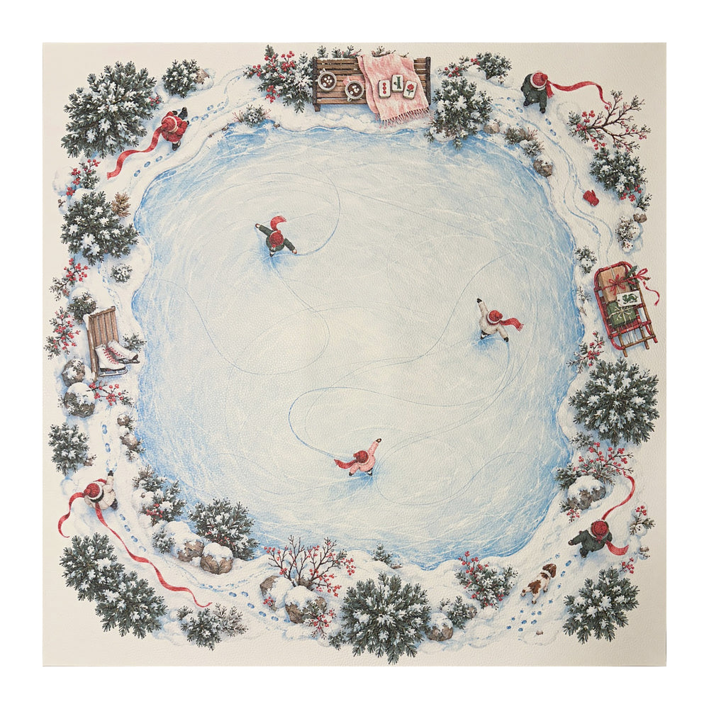 Winter Mahjong mat with a pale blue skating pond, small ice skaters, snowy evergreen trees and red winter accents