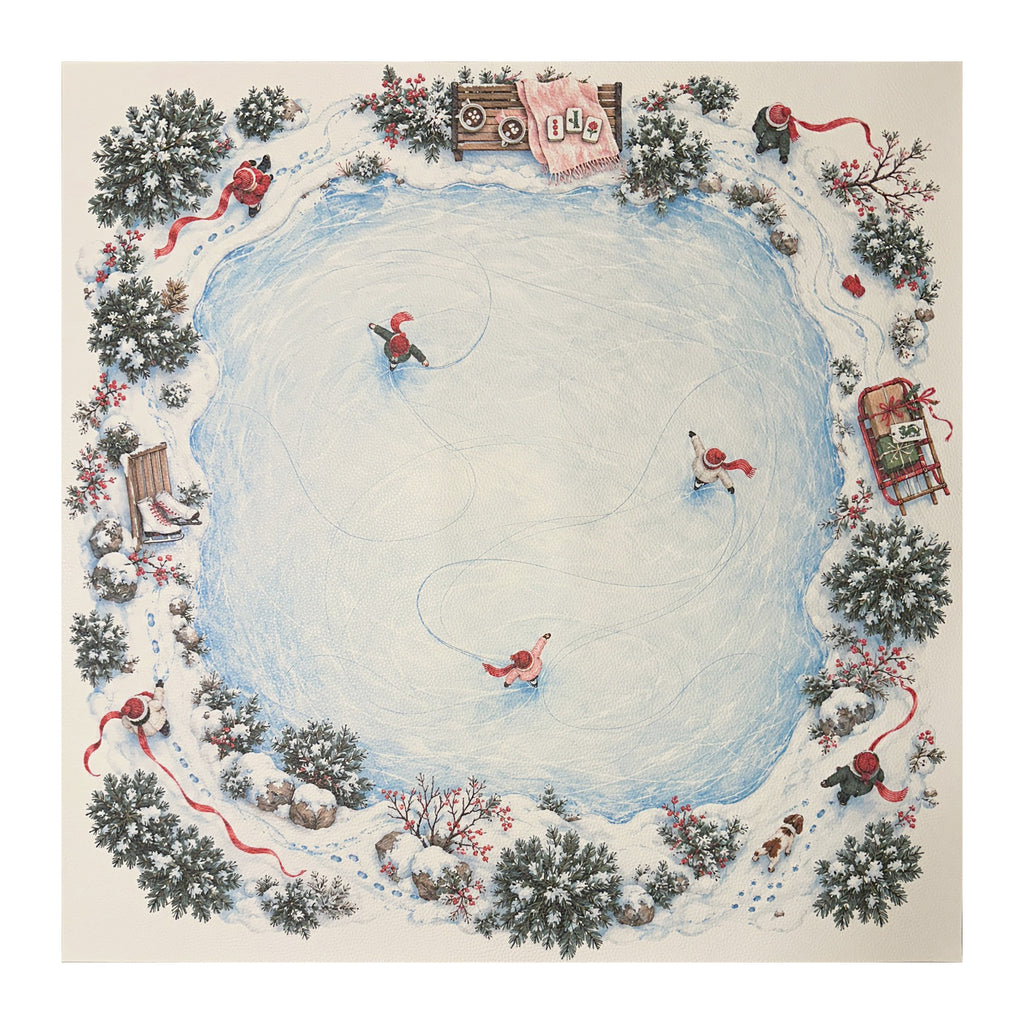 Winter Mahjong mat with a pale blue skating pond, small ice skaters, snowy evergreen trees and red winter accents