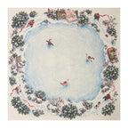 Winter Mahjong mat with a pale blue skating pond, small ice skaters, snowy evergreen trees and red winter accents