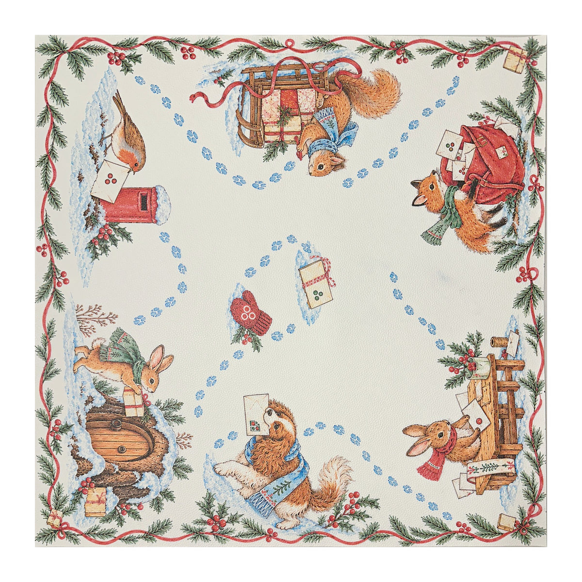 Cream Christmas Mahjong mat with a rabbit, squirrel, dog, robin, blue paw-print trails and snowy woodland details