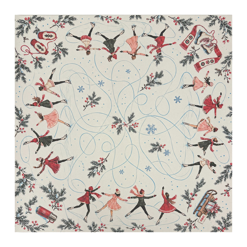 Cream Christmas Mahjong mat with vintage-style ice skaters, looping blue skating trails, snowflakes and festive greenery