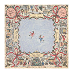 Winter rabbit Christmas Mahjong mat with a pale blue skating center, snowy village border, Christmas trees and red bows