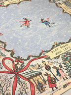 Textured vegan leather surface with skating rabbits, a red bow and snowy village illustrations