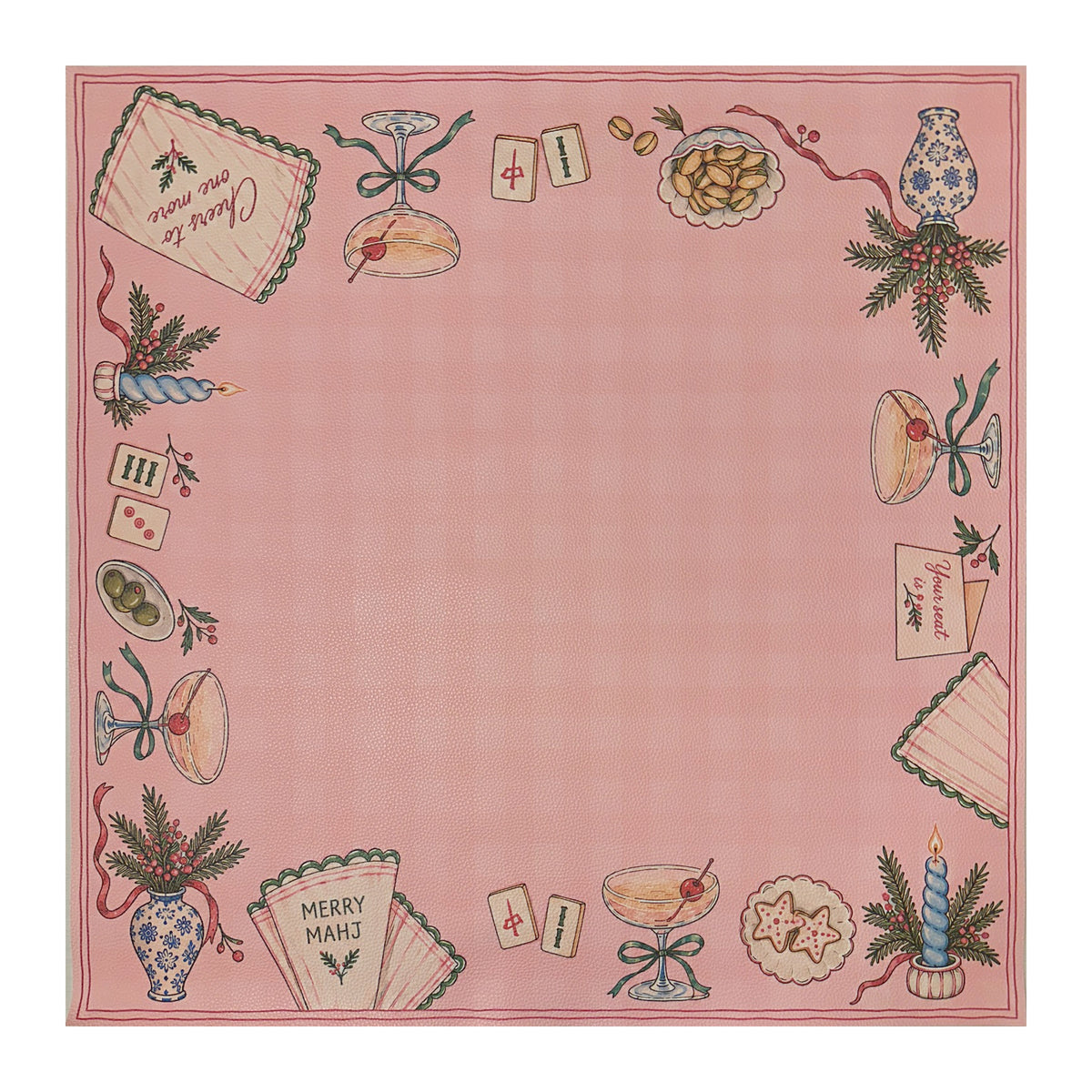 Pink Christmas Mahjong mat with a checked center, cocktail glasses, Merry Mahj napkins, blue candles and Mahjong tiles