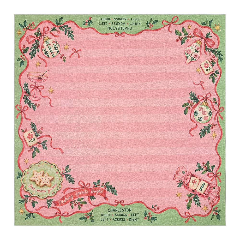 Pink and green Christmas Mahjong mat with a striped center, scalloped border, red bows and printed Charleston reminders