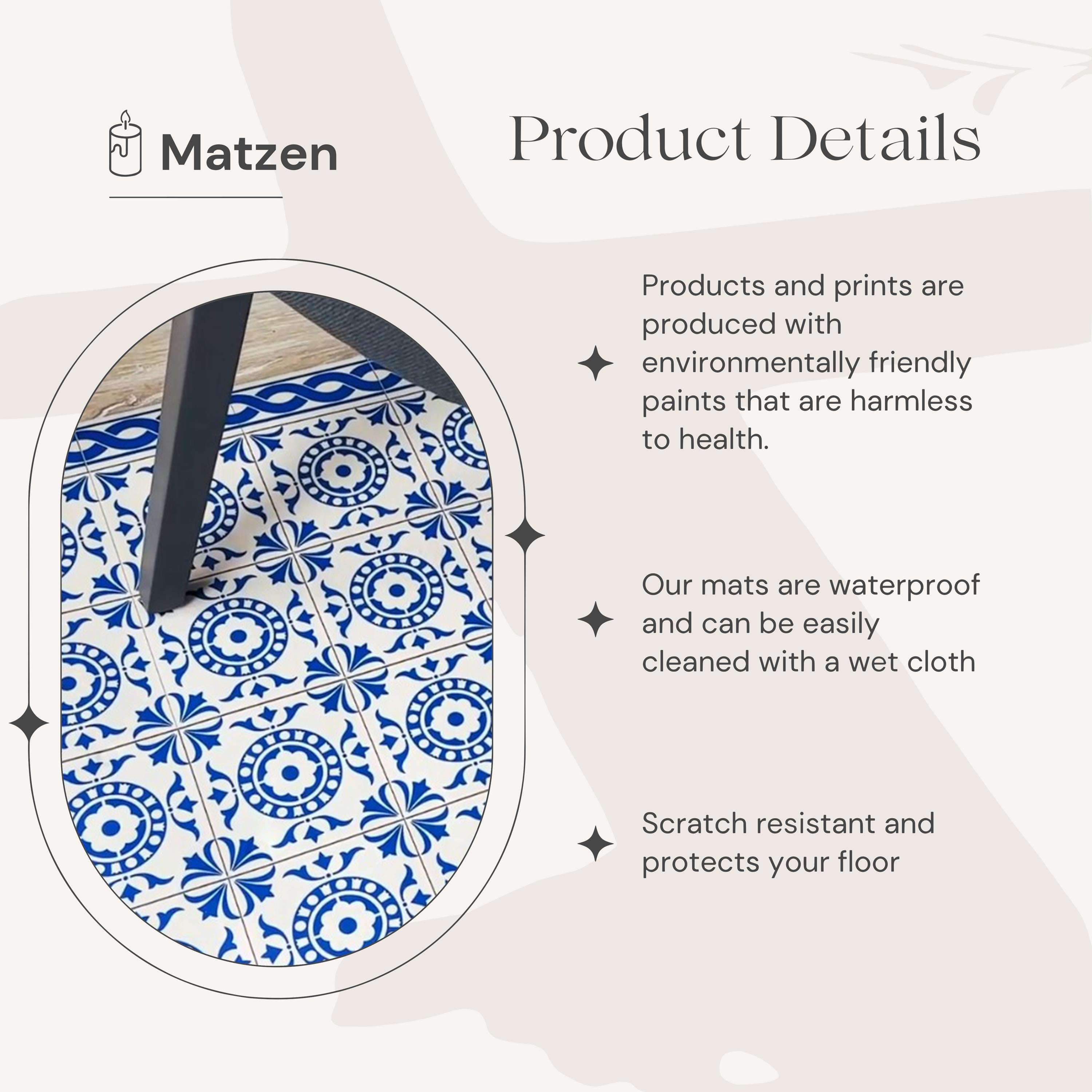 Wipeable office chair mat floor protector with blue tile design