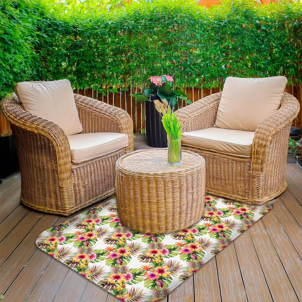 Wipeable office chair mat floor protector with tropical floral design